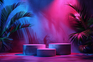 Abstract neon color tropical podium display for product showcase