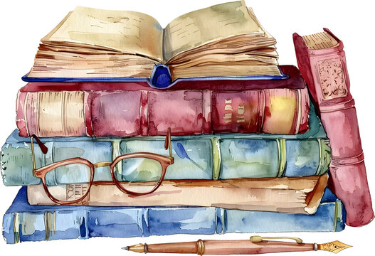 Watercolor Illustration of Books and Glasses