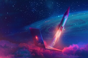 Pink Rocket Launching into the Purple Sky A Futuristic Dream Generative AI - obrazy, fototapety, plakaty
