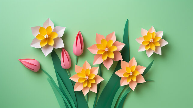 pink origami tulips and yellow origami narcissus on green background