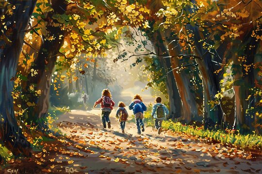 Autumn Leaves and Family Fun A Painting of a Family Walking Down a Path in the Fall Season Generative AI