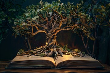 A Bookworm's Paradise A Tree Growing Out of a Book Generative AI - obrazy, fototapety, plakaty