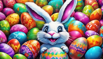 Colorful easter bunny and decorated eggs