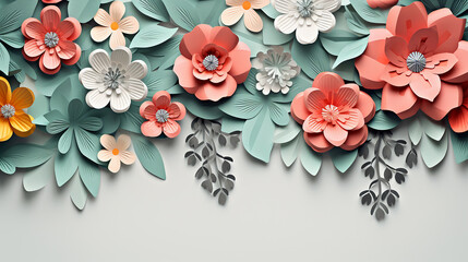 top view of colorful paper flowers and green leaves on white background