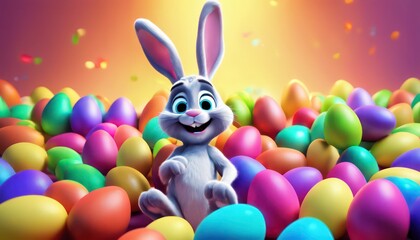 Obraz premium Cheerful easter bunny with colorful eggs