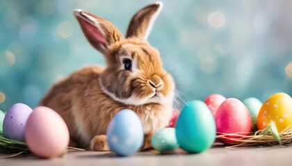 Fototapeta na wymiar Easter bunny and colorful eggs celebration