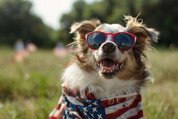 Sunglasses-Wearing Dog in a Flag-Themed Outfit Generative AI