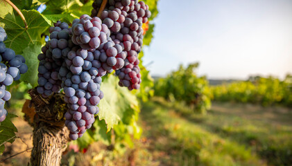 Grappe de raisin noir au milieu des vignes avant les vendanges d'automne. - 745061665