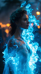 Portrait of Beautiful Woman in Blue Dress with Blue Light Effect