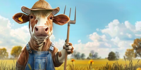 Cow in a Farmer's Outfit - A cow dressed in overalls and a straw hat, holding a tiny pitchfork, embracing the farm life. 