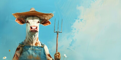 Obraz premium Cow in a Farmer's Outfit - A cow dressed in overalls and a straw hat, holding a tiny pitchfork, embracing the farm life. 