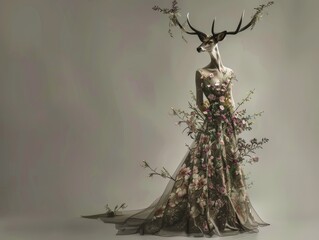 Deer in a Floral Dress - A graceful deer standing in a flowing floral dress, adorned with flowers that match those in its antlers. 
