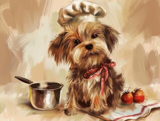 Dog in a Chef's Hat - A cheerful dog with a fluffy chef's hat perched on its head, and a tiny apron tied around its waist, standing beside a small cooking pot.