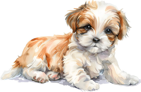 Adorable Shih Tzu Puppy Illustration in Colorful Ink Wash Style