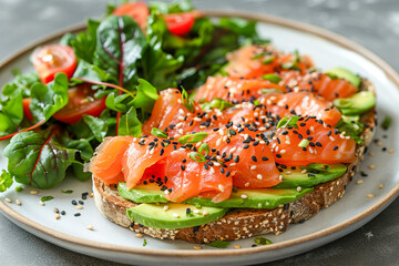 Toast with avocado and salmon with sesame seeds, chard leaves.