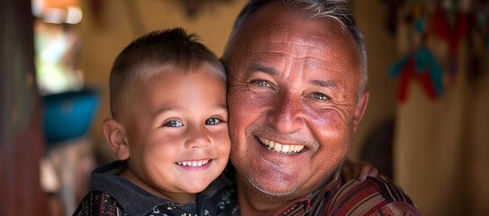 A happy smiling father or grandfather hugs a cute little son or grandson. Close up family photograph. - 745062472