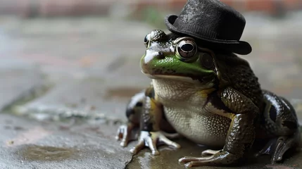 Deurstickers Frog in a Bowler Hat - A frog sitting comfortably, sporting a classic bowler hat tilted at a jaunty angle, exuding charm.  © RDO