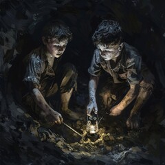 Camping in the Dark Two Boys Lighting a Lantern Generative AI