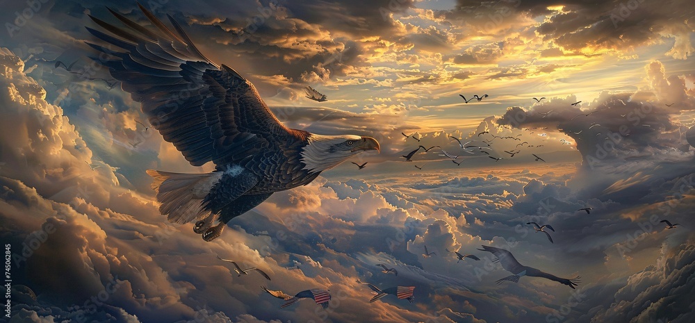 Poster eagle soaring in the sky on a cloudy day generative ai