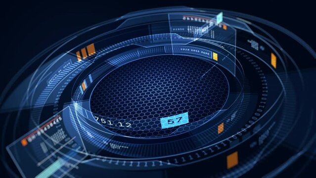 Abstract digital interface with a futuristic hexagonal pattern, futuristic design dynamic circular elements. Numeric indicators and data visualizations add to its high tech appeal, HUD background 4K