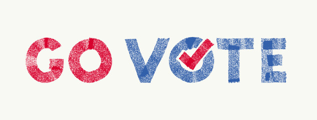Go Vote text in calligraphy for 2024 United States of America Presidential election. Vote day, November 5. Brush vector text with USA flag colors and check mark in Vote symbolizing voting. Election.