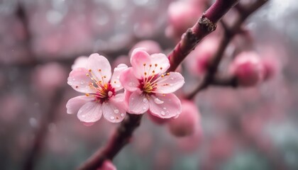 Serene cherry blossoms in rain