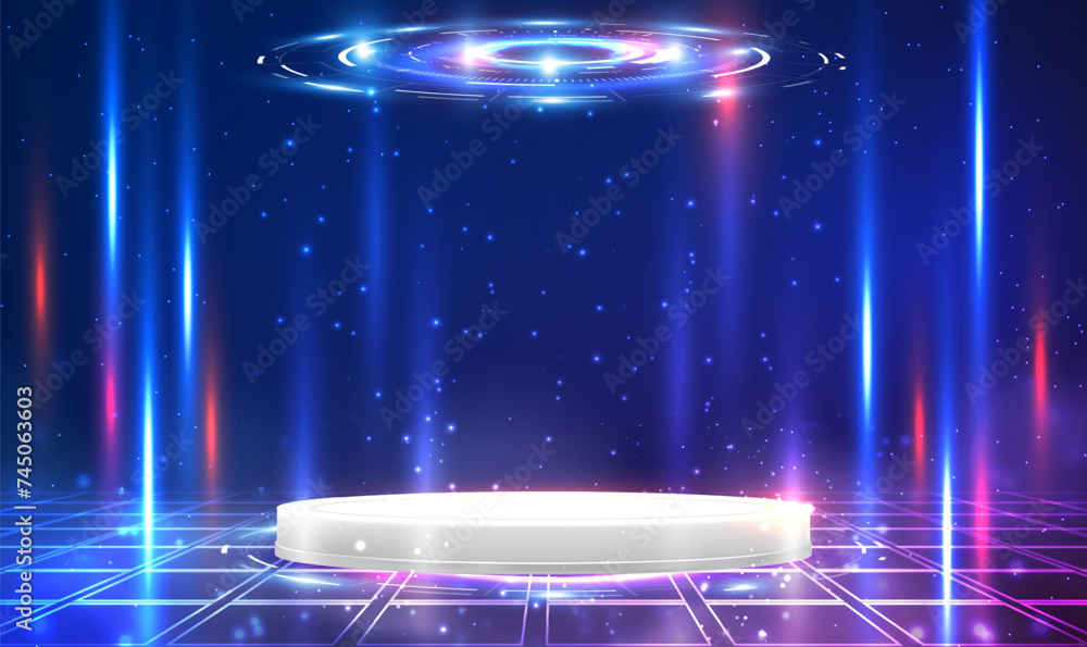 Poster stage futuristic podium digital technology ui hud virtual interface. 3d white cylinder pedestal podi