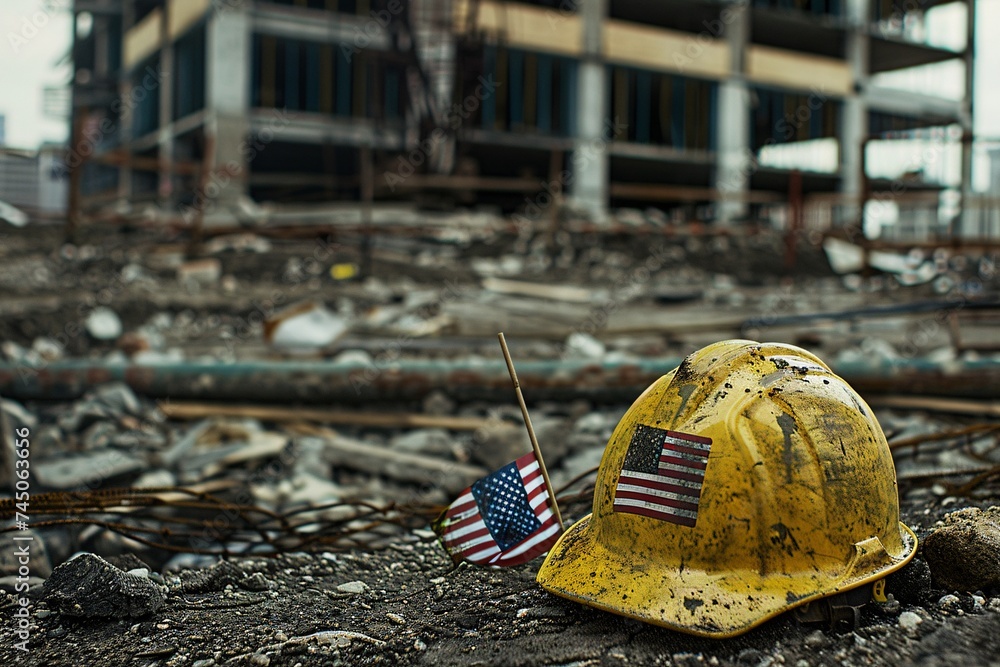 Poster yellow hard hat with american flag and construction scaffolding in background generative ai