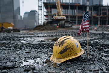 Yellow Hard Hat on a Construction Site with a Flag in the Background Generative AI