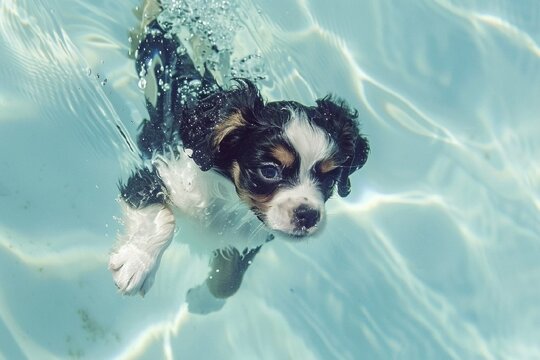 Underwater funny photo of cavalier king charles spaniel puppy in the pool playing with fun-jumping, diving deep down.