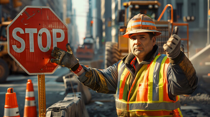 a construction worker, clad in a high-visibility reflective vest and a safety helmet, standing authoritatively at a bustling road construction site. He is firmly holding up a stop sign