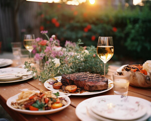 Backyard dinner table, tasty grilled BBQ meat. Picnic, party, festive table, birthday, celebration.