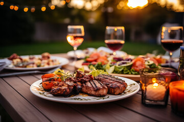 Backyard dinner table, tasty grilled BBQ meat. Picnic, party, festive table, birthday, celebration.
