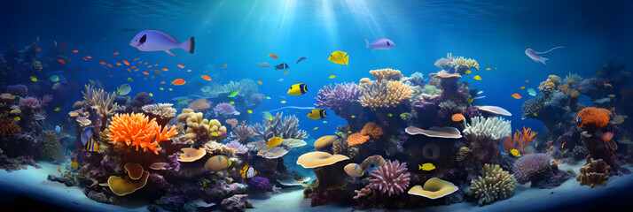 Fototapeta na wymiar Illuminated Underwater World - A Vivid Rendezvous of Marine Life and Coral Architecture in HD