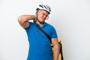 Young caucasian man with thermal backpack isolated on white background with neckache
