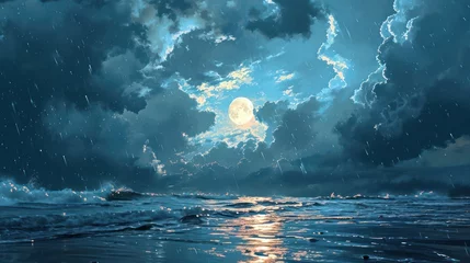 Foto op Canvas serene rain sky backdrop, bathed in the cool and calming light of moonlit clouds, portraying the beauty of a reflective and peaceful urban rainfall © Tina