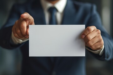 Businessman with blank sign pointing