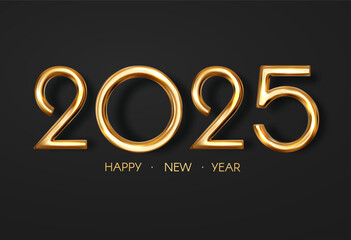 2025 Happy New Year gold metal 3D text. Holiday celebration banner.