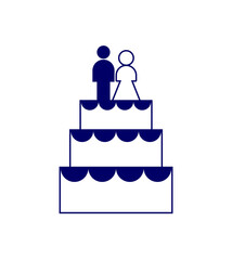 Large wedding cake and newlyweds figurines sign. Refreshment for wedding icon