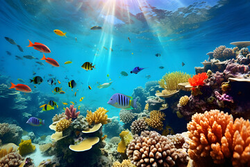 Naklejka na ściany i meble Illuminated Underwater World - A Vivid Rendezvous of Marine Life and Coral Architecture in HD