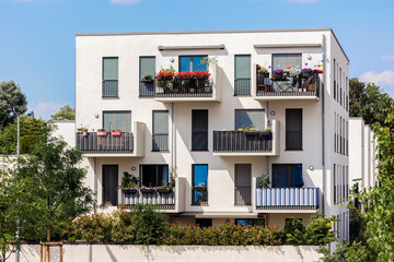 Modern Block of Flats, EU Modern European Complex of Apartment Building with Modern Facade Exterior Design in Green City.