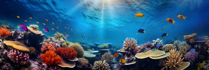 Foto op Plexiglas Illuminated Underwater World - A Vivid Rendezvous of Marine Life and Coral Architecture in HD © Lewis
