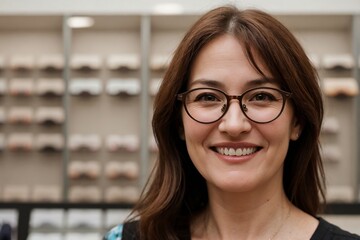Middle-aged woman buying glasses at the eyeglasses store. She is happy with her new glasses.