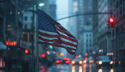 Rainy Night in the City A Flag Flies in the Wind Generative AI