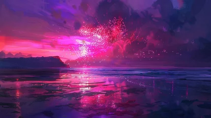 Gordijnen Pink Fireworks Over the Ocean A Stunning Purple Sky Generative AI © Riya