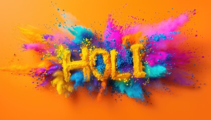Holi lettering against an exploding splash colorful powder. Splashes of bright wild powder pigment colors. Concept of celebrating Indian festival of Holi. Multicolored word Holi on bright background