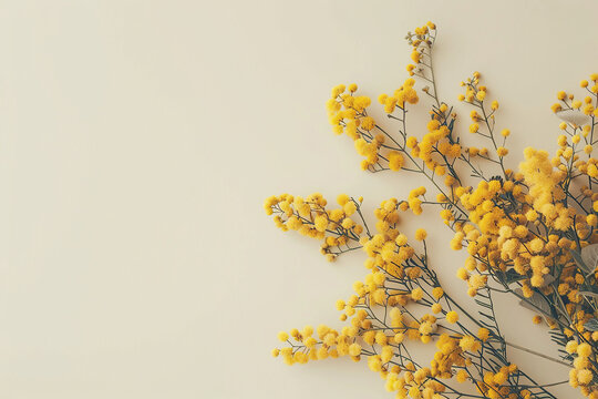 horizontal image of mimosa flowers over a empty neutral background, copy space. Generative AI
