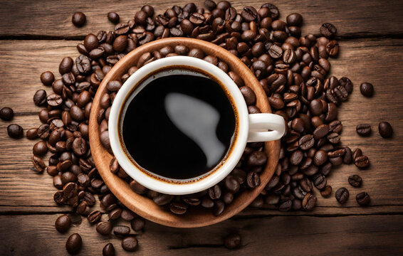 Cup of freshly brewed roasted coffee beans on brown background
