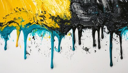 Yellow and Blue Paint Splatters on a White Surface Generative AI
