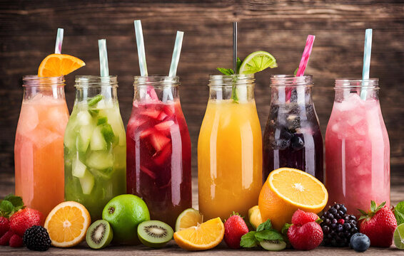 Glasses with healthy juice, fruits and vegetables on light background Pro Photo
